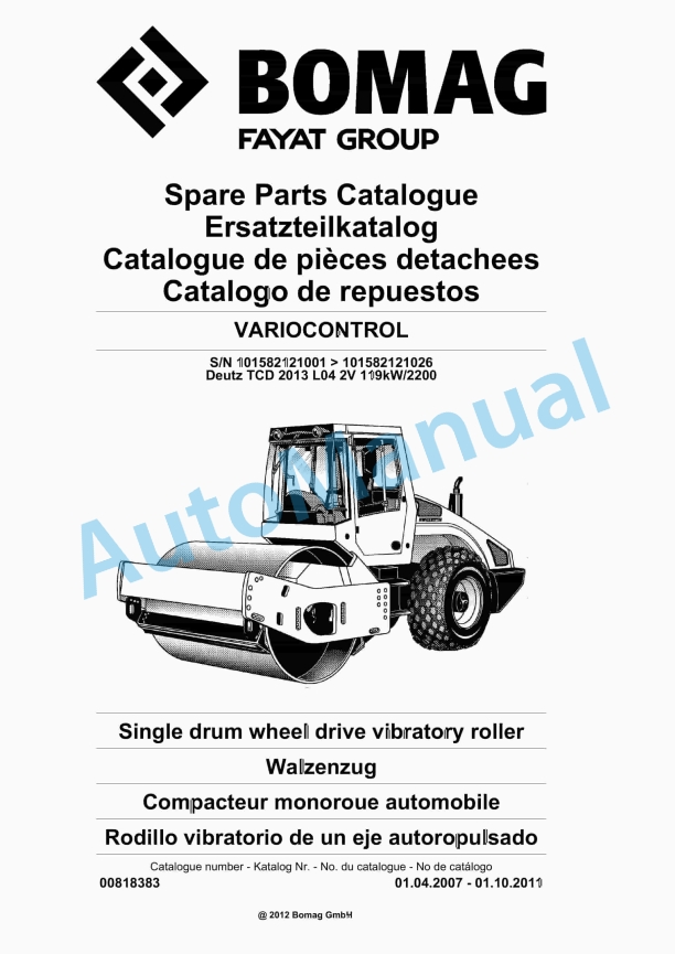 Bomag VARIOCONTROL Single Drum Wheel Drive Vibratory Roller Spare Parts Catalogue 00818383