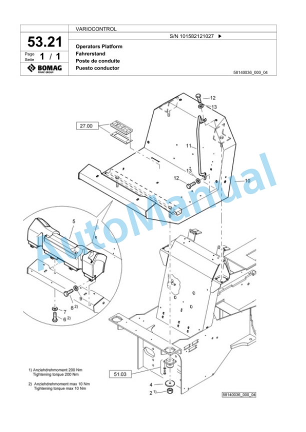 Bomag VARIOCONTROL Single Drum Wheel Drive Vibratory Roller Spare Parts Catalogue 00824151-2