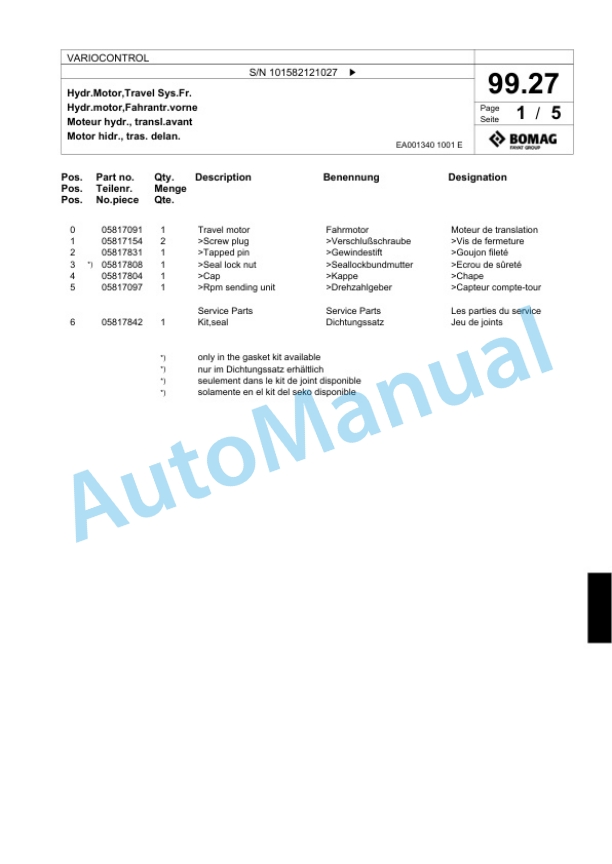 Bomag VARIOCONTROL Single Drum Wheel Drive Vibratory Roller Spare Parts Catalogue 00824151-3