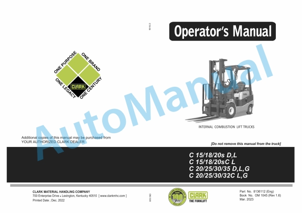 Clark C 15, 18, 20s D, L, C 15, 18, 20sC L, C 20, 25, 30, 35 D, L, G, C 20, 25, 30, 32C L, G Operator Manual OM-1045