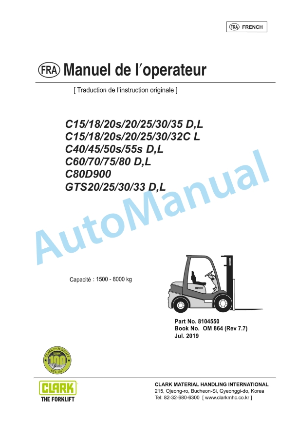 Clark C 15-80 D, L, C 15-32C L, C80D900, GTS 20-33 D, L Operator Manual OM-864 FRA