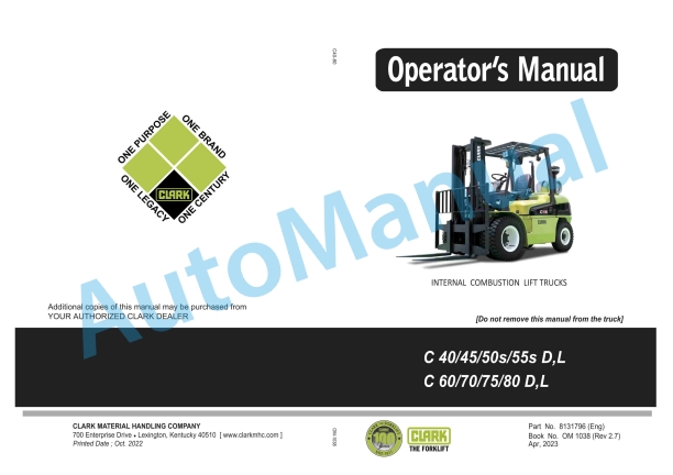 Clark C-40, 45, 50s, 55s D, L, C-60, 70, 75, 80 D, L Operator Manual OM-1038