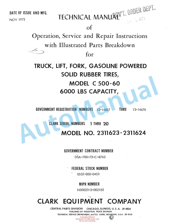 Clark C 500-60 Truck, Lift, Fork, Gasoline Powered Technical Manual