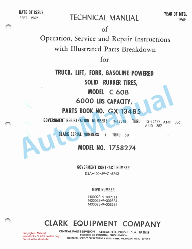Clark C 60 B Truck, Lift. Fork, Gasoline Powered Technical Manual GX 134B5