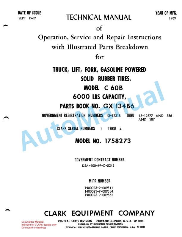 Clark C 60 B Truck, Lift. Fork, Gasoline Powered Technical Manual GX 134B6