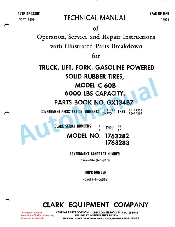 Clark C 60 B Truck, Lift. Fork, Gasoline Powered Technical Manual GX 134B7