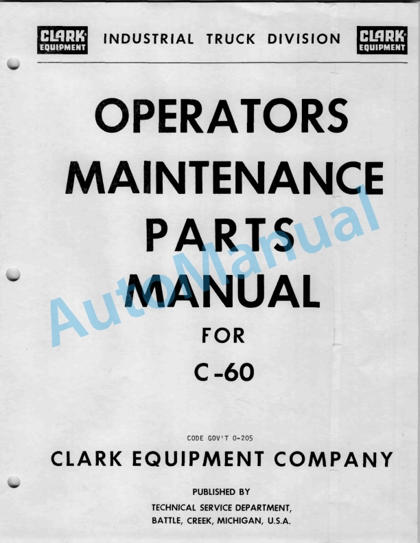 Clark C-60 Operator Maintenance Parts Manual O-205