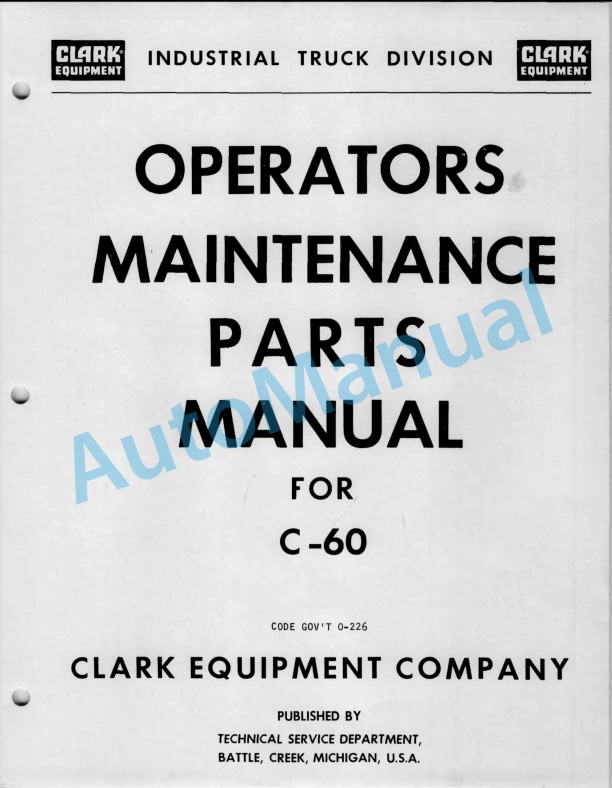 Clark C-60 Operator Maintenance Parts Manual O-226