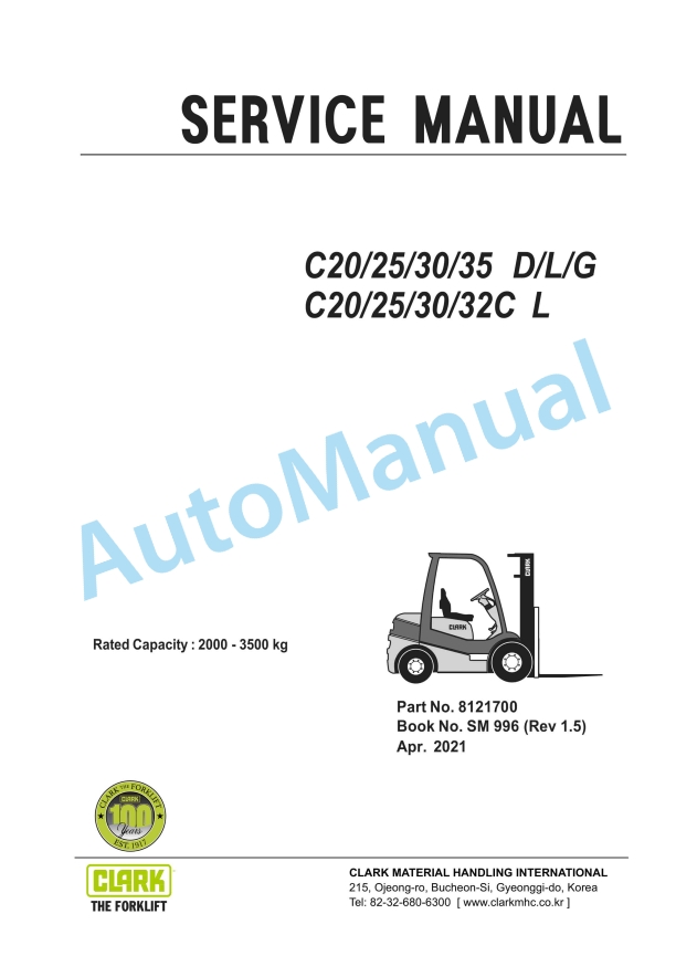 Clark C20, 25, 30, 35 D, L, G, C20, 25, 30, 32C L Service Manual SM-996