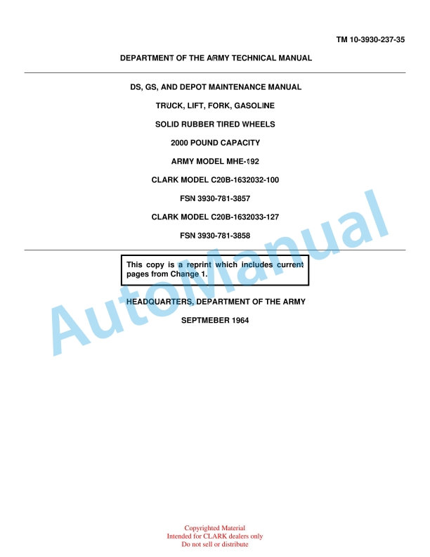 Clark C20B-1632032-100, C20B-1632033-127 Truck, Lift, Fork, Gasoline Technical Manual TM10-3930-237-35
