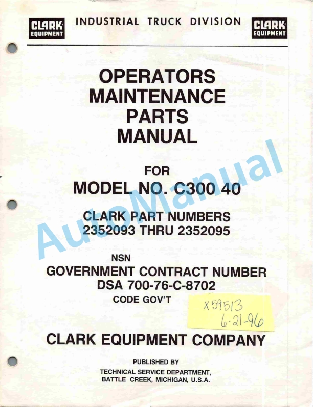 Clark C300 40 Operator Maintenance Parts Manual