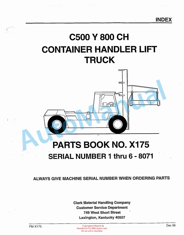 Clark C500 Y 800 CH Container Handler Lift Truck Parts Book PM-X175