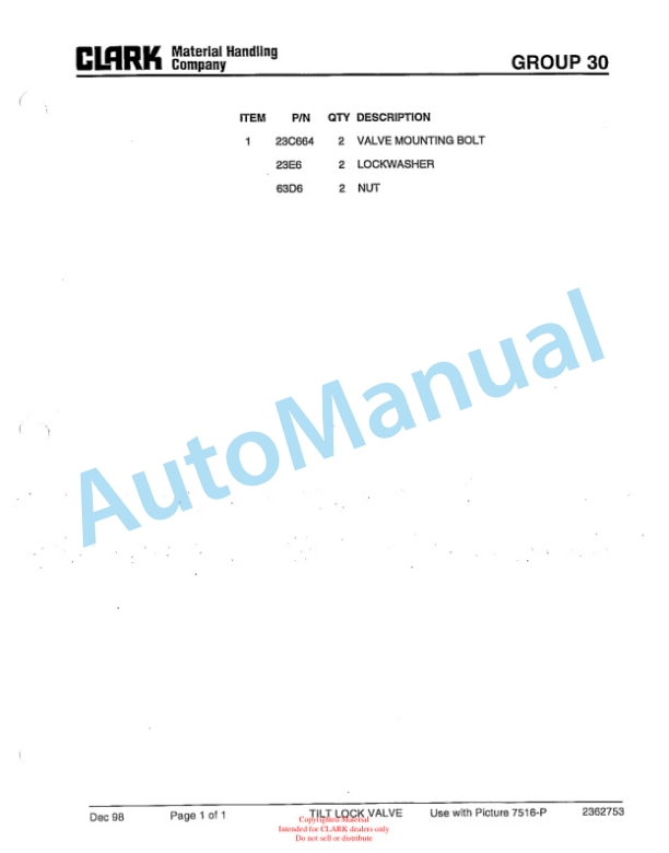 Clark C500 Y 800 CH Container Handler Lift Truck Parts Book PM-X175-5