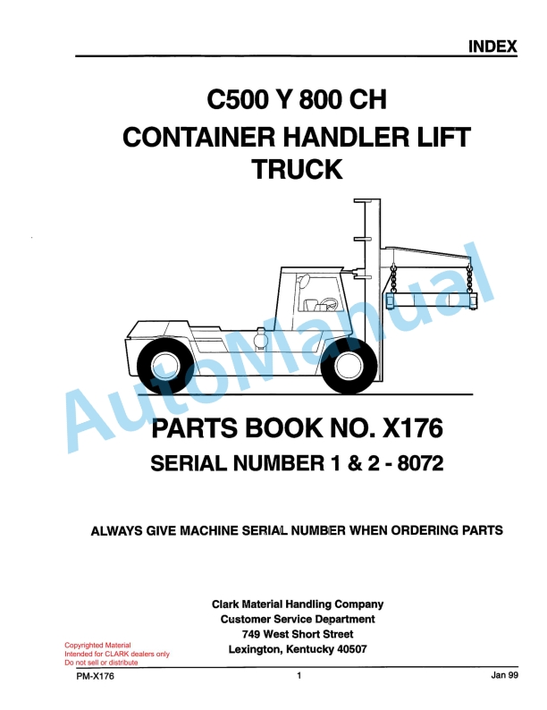 Clark C500 Y 800 CH Container Handler Lift Truck Parts Book PM-X176