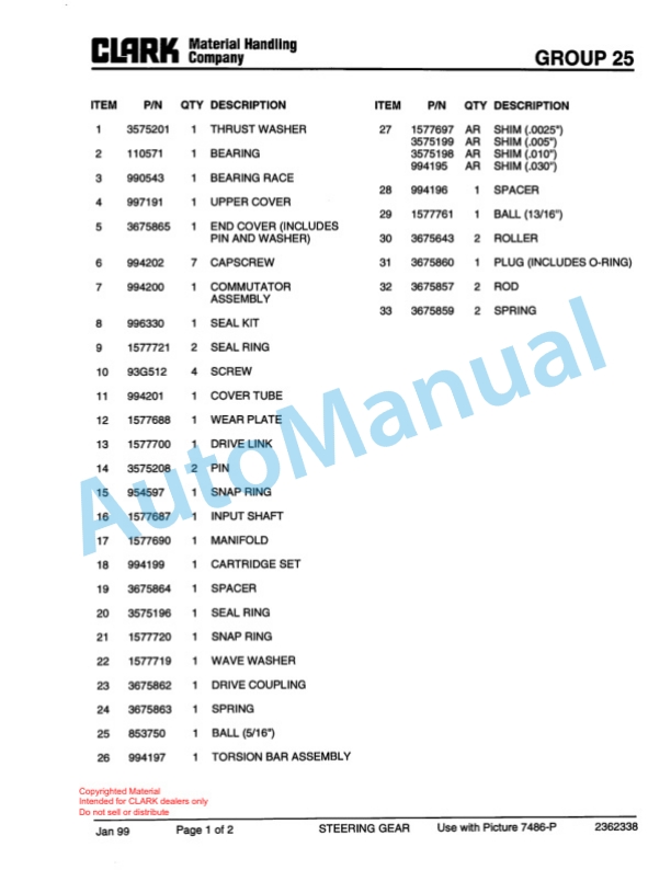 Clark C500 Y 800 CH Container Handler Lift Truck Parts Book PM-X176-5