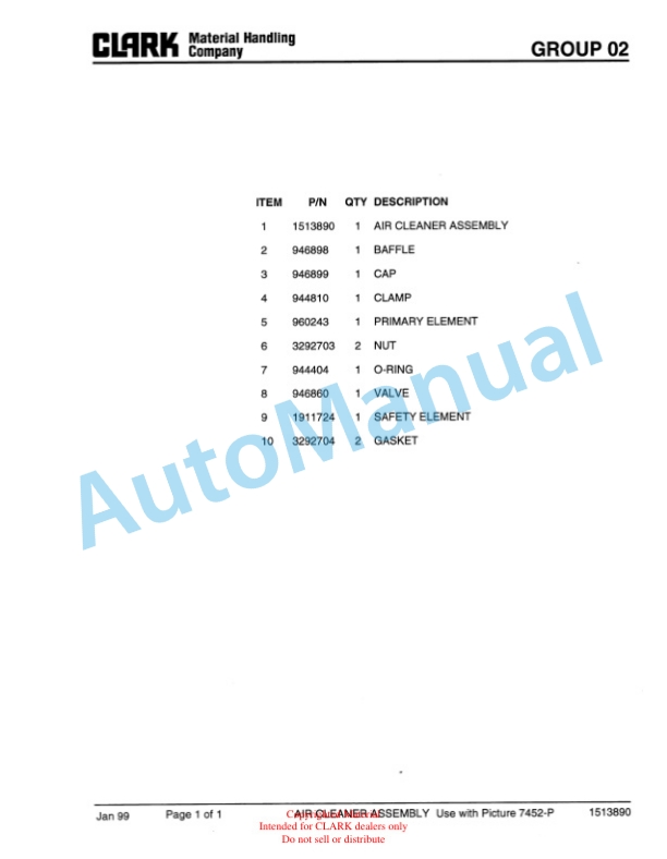 Clark C500 Y 800 CH Container Handler Lift Truck Parts Book PM-X177-3