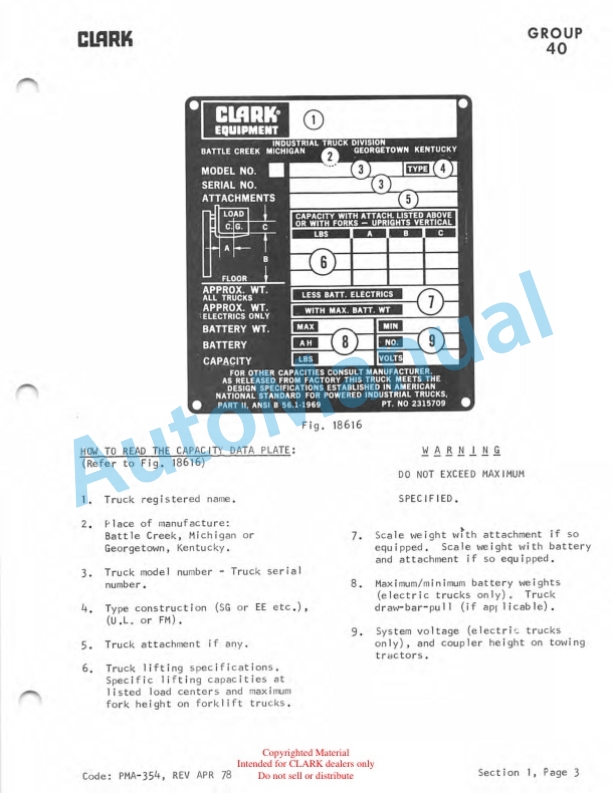 Clark C500 Y400-650 Planned Maintenance and Adjustment Procedures Manual PMA-414-5