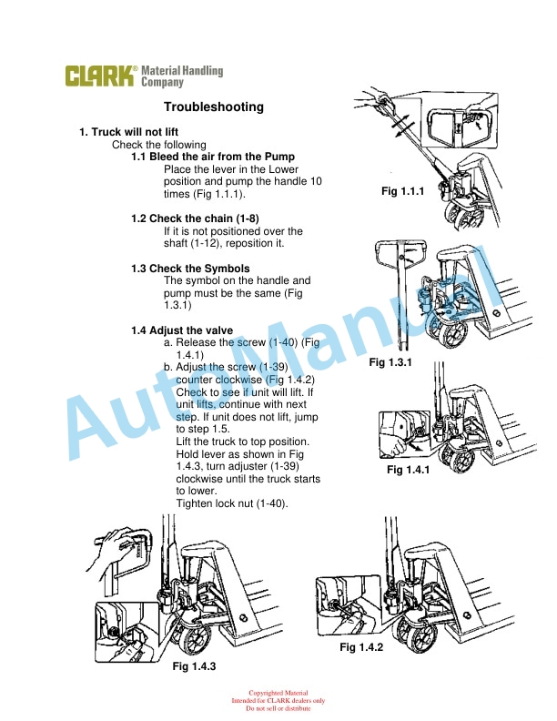 Alternative view of Clark CGH23, CGH25 Pallet Truck Operator, Parts and Service Manual