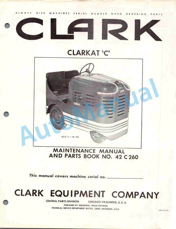Clark Clarkat C Maintenance Manual and Parts Book 42C260