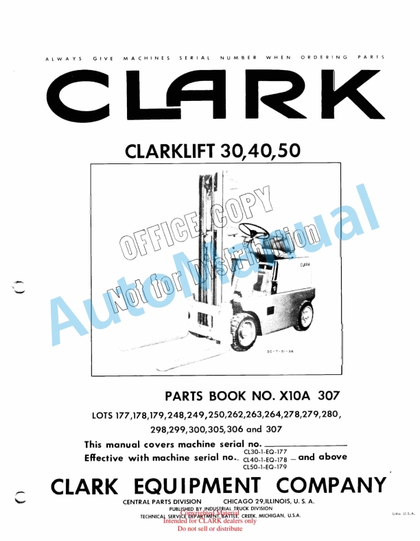 Clark Clarklift 30, 40, 50 Parts Book X10A 307