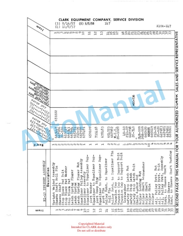 Clark Clarklift 30, 40, 50 Parts Book X10A 307-5