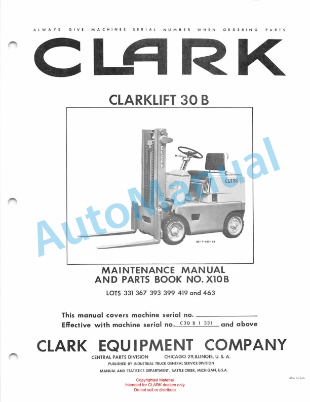 Clark Clarklift 30 B Maintenance Manual and Parts Book X10B