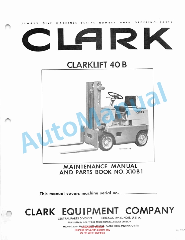 Clark Clarklift 40 B Maintenance Manual and Parts Book X10B1