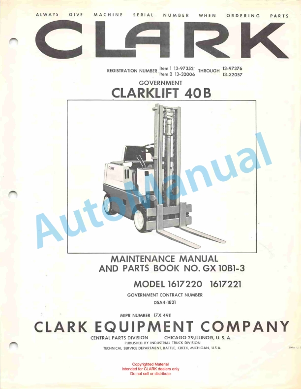 Clark Clarklift 40B Maintenance Manual and Parts Book GX 10B1-3
