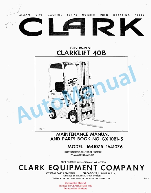 Clark Clarklift 40B Maintenance Manual and Parts Book GX 10B1-5