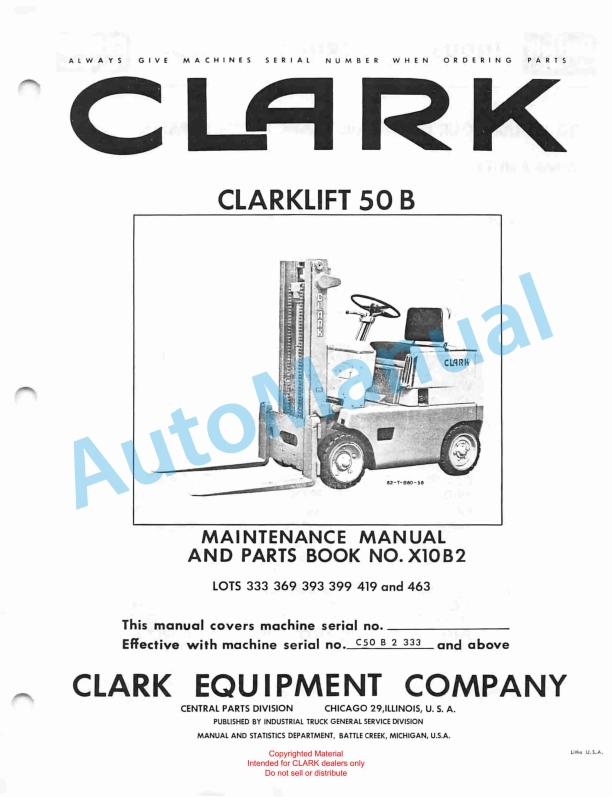 Clark Clarklift 50 B Maintenance Manual and Parts Book X10B2