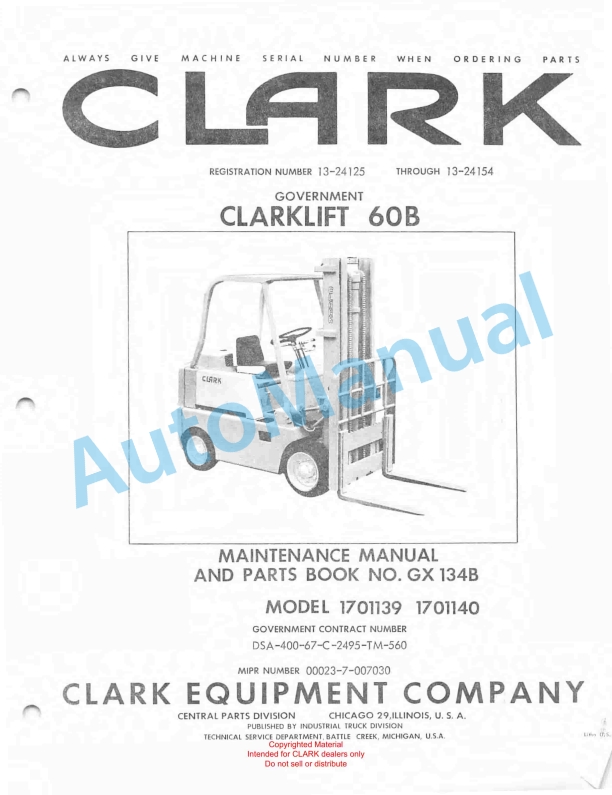 Clark Clarklift 60B Maintenance Manual and Parts Book GX 134B