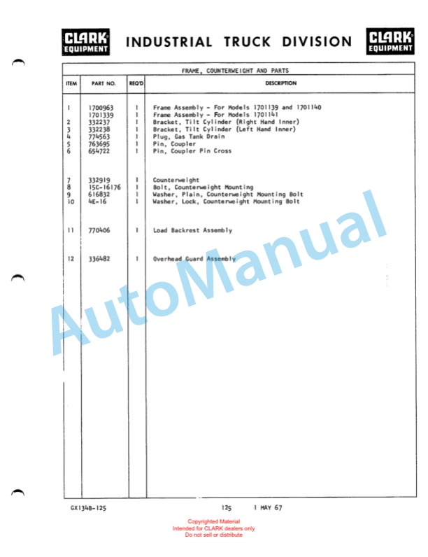 Clark Clarklift 60B Maintenance Manual and Parts Book GX 134B-4