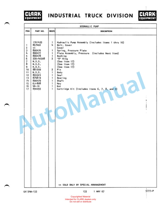 Clark Clarklift 60B Maintenance Manual and Parts Book GX 134B-5