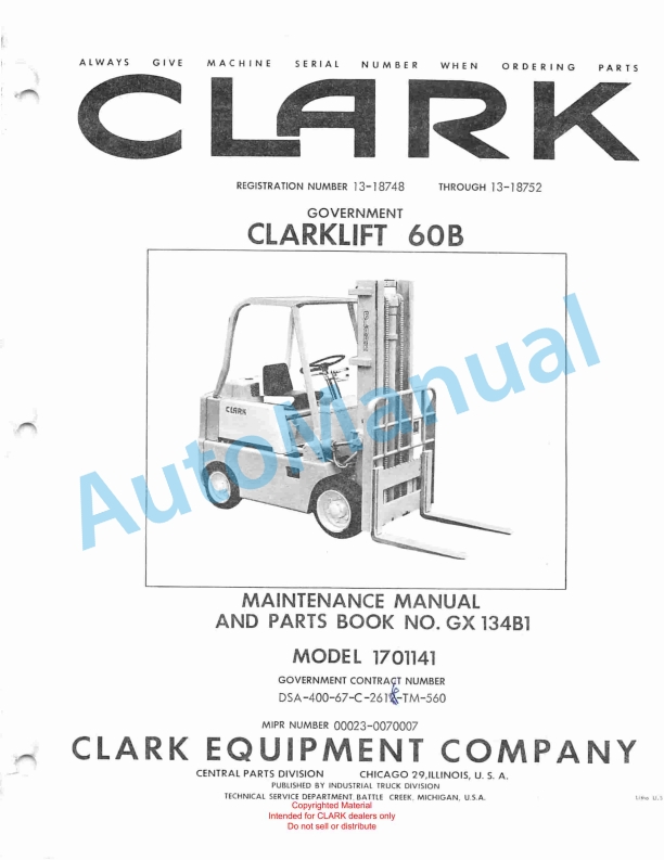 Clark Clarklift 60B Maintenance Manual and Parts Book GX 134B1