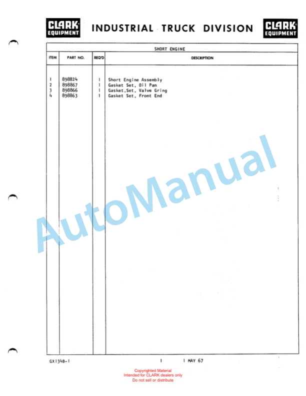 Clark Clarklift 60B Maintenance Manual and Parts Book GX 134B1-2
