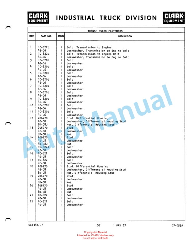 Clark Clarklift 60B Maintenance Manual and Parts Book GX 134B1-3