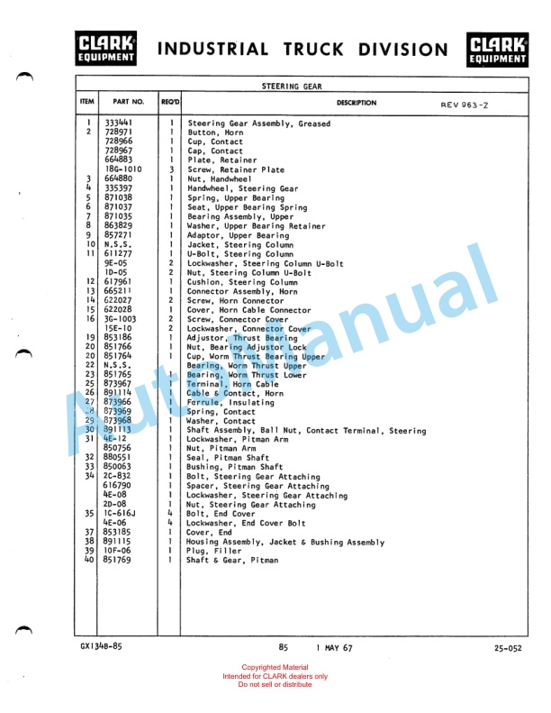 Clark Clarklift 60B Maintenance Manual and Parts Book GX 134B1-4