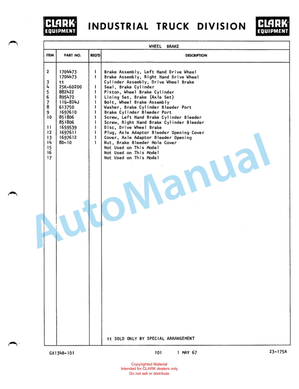 Clark Clarklift 60B Maintenance Manual and Parts Book GX 134B1-5