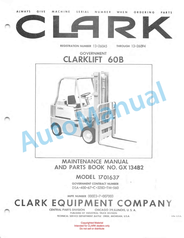 Clark Clarklift 60B Maintenance Manual and Parts Book GX 134B2