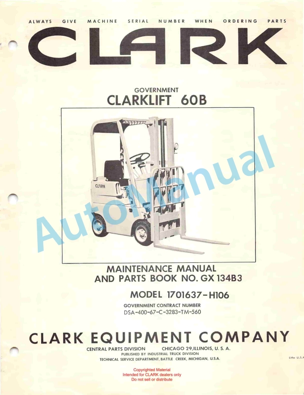 Clark Clarklift 60B Maintenance Manual and Parts Book GX 134B3