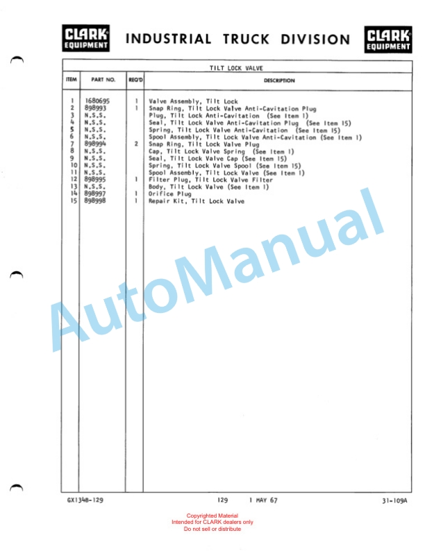 Clark Clarklift 60B Maintenance Manual and Parts Book GX 134B3-4