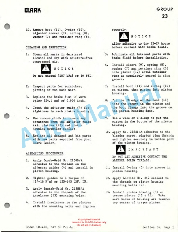 Clark Clarklift C500 Diesel Powered Overhaul Instructions OH-416-2