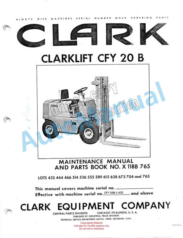 Clark Clarklift CFY 20 B Maintenance Manual and Parts Book X118B 765