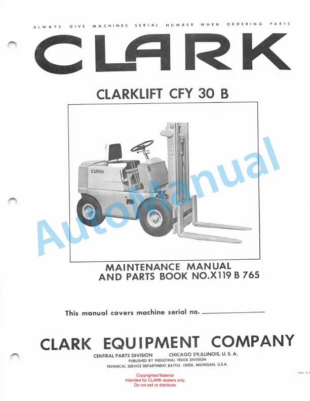 Clark Clarklift CFY 30 B Maintenance Manual and Parts Book X119B 765