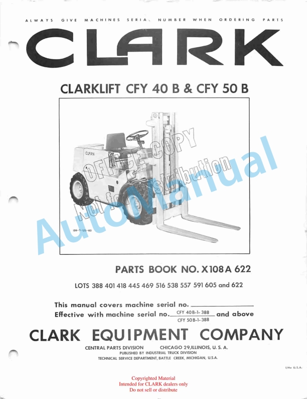 Clark Clarklift CFY 40 B and CFY 50 B Parts Book X108A 622