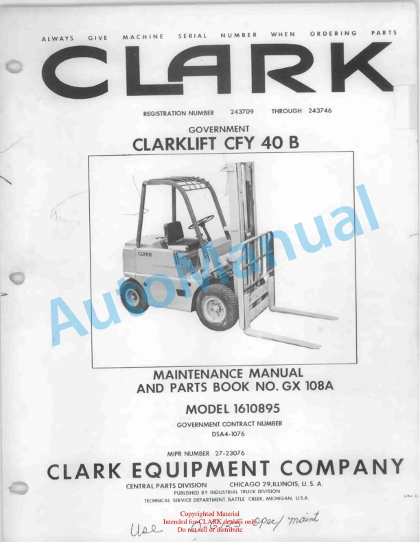 Clark Clarklift CFY 40B Maintenance Manual and Parts Book GX 108A