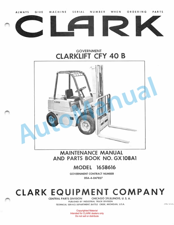 Clark Clarklift CFY 40B Maintenance Manual and Parts Book GX 108A1