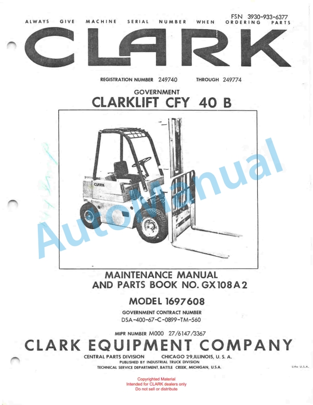 Clark Clarklift CFY 40B Maintenance Manual and Parts Book GX 108A2
