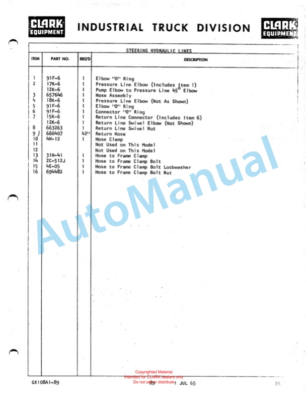 Clark Clarklift CFY 40B Maintenance Manual and Parts Book GX 108A2-3