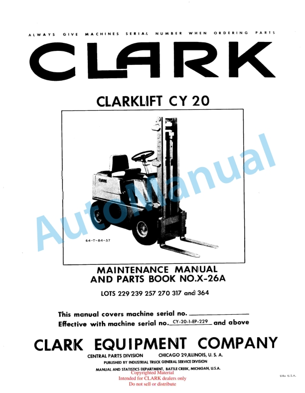 Clark Clarklift CY 20 Maintenance Manual and Parts Book X26A